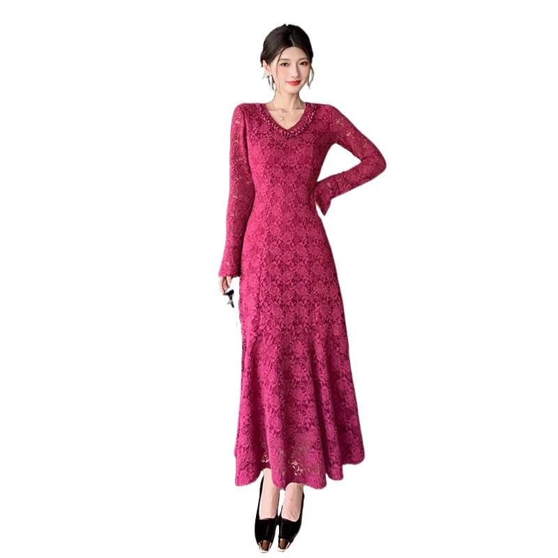 Long-Sleeve V-Neck Frill Trim Lace Maxi Mermaid Dress