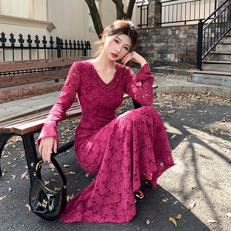 Long-Sleeve V-Neck Frill Trim Lace Maxi Mermaid Dress