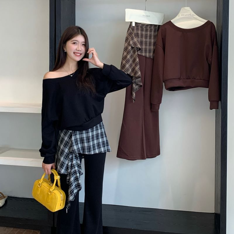 Off Shoulder Sweatshirt and Plaid Skirt Pants Set