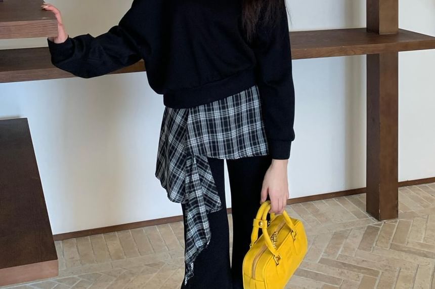 Off Shoulder Sweatshirt and Plaid Skirt Pants Set