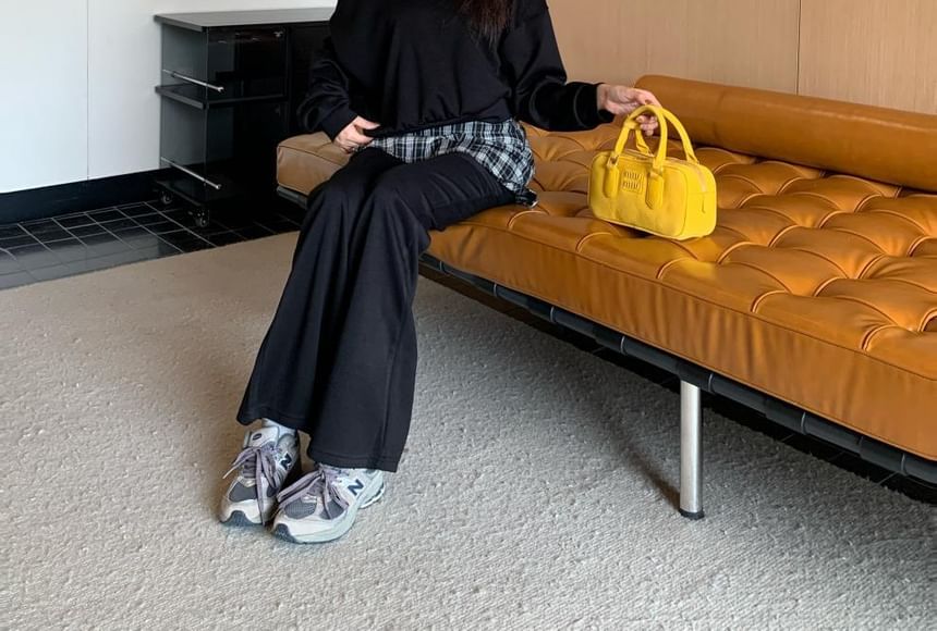 Off Shoulder Sweatshirt and Plaid Skirt Pants Set