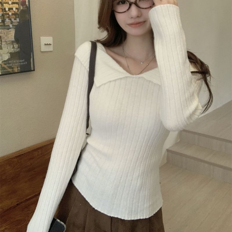 V-Neck Knit Top Long Sleeve