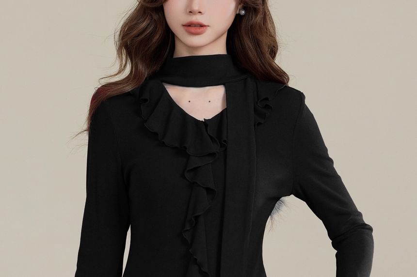Ruffled Crop Top with Long Sleeves