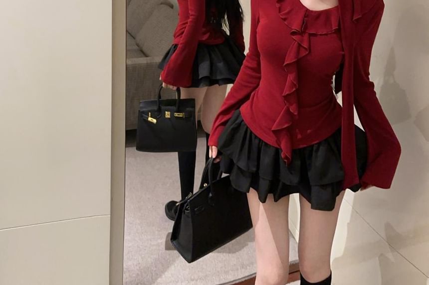 Ruffled Crop Top with Long Sleeves