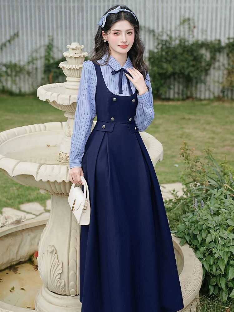 Mock Two-Piece Long-Sleeve Striped Maxi A-Line Dress