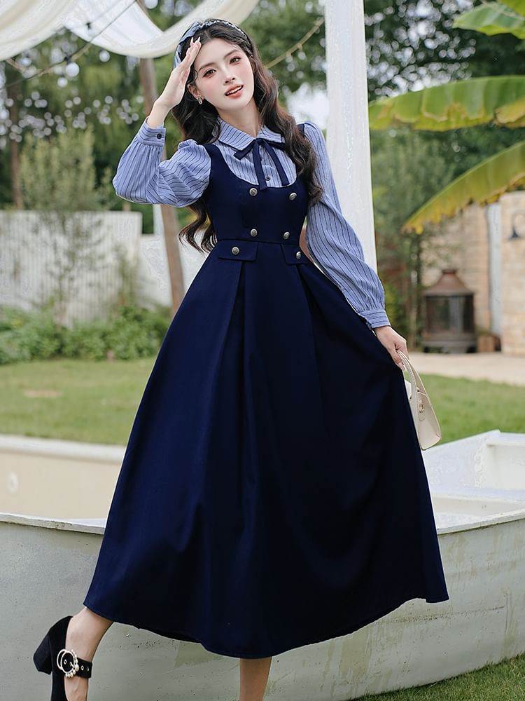 Mock Two-Piece Long-Sleeve Striped Maxi A-Line Dress