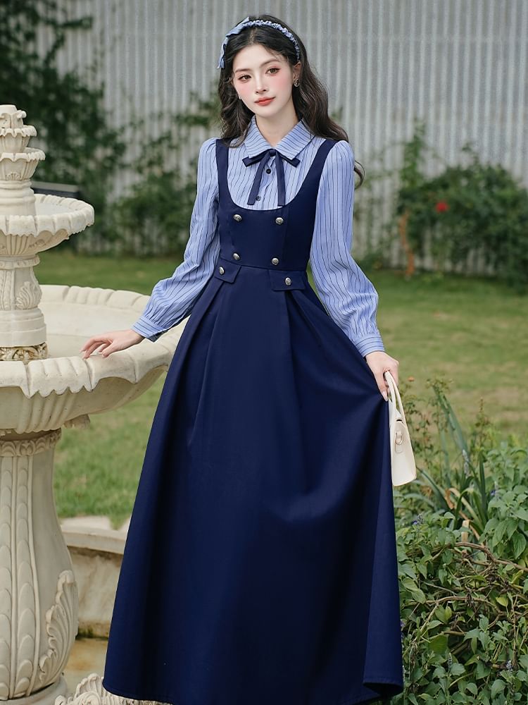 Mock Two-Piece Long-Sleeve Striped Maxi A-Line Dress