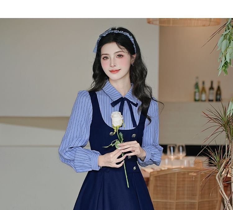 Mock Two-Piece Long-Sleeve Striped Maxi A-Line Dress