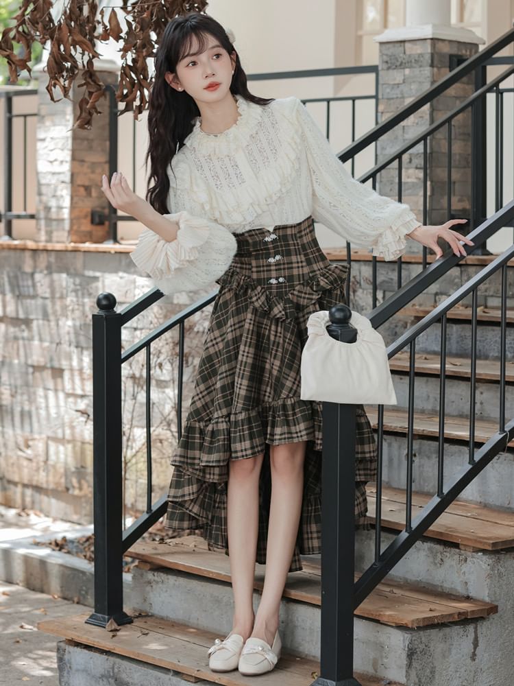 Frill Blouse with Plaid A-Line Skirt Set