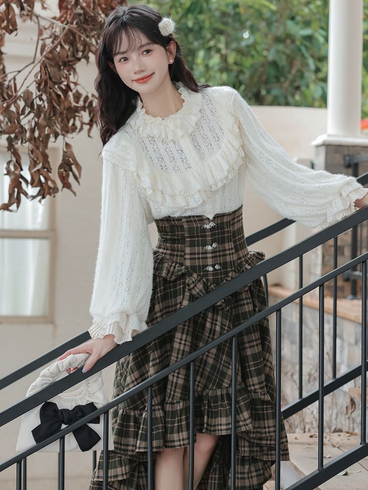 Frill Blouse with Plaid A-Line Skirt Set