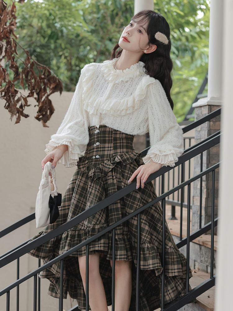 Frill Blouse with Plaid A-Line Skirt Set