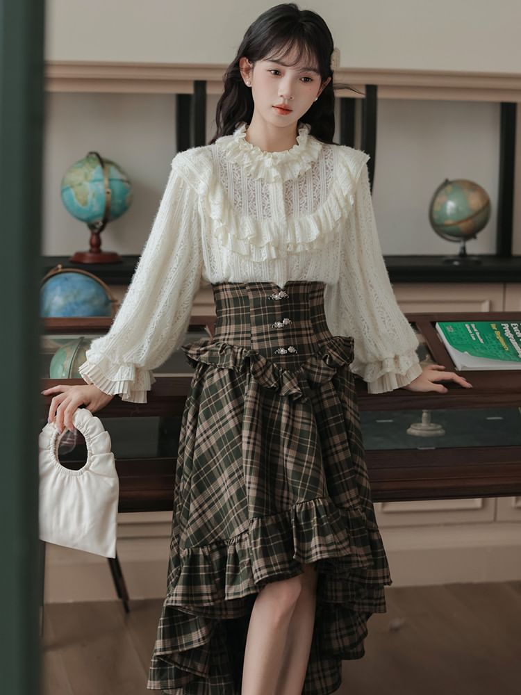 Frill Blouse with Plaid A-Line Skirt Set