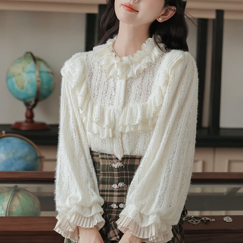 Frill Blouse with Plaid A-Line Skirt Set