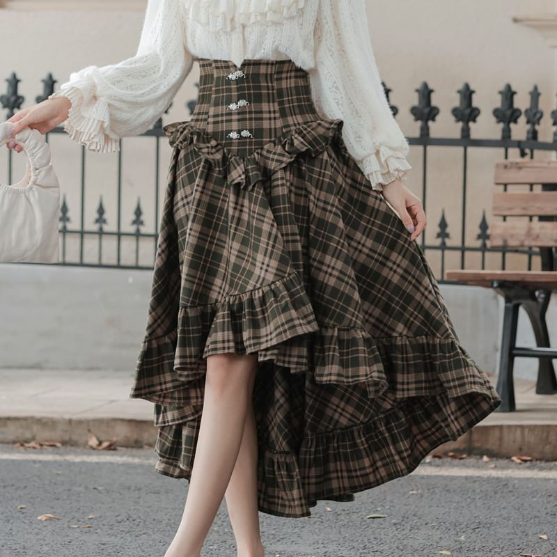 Frill Blouse with Plaid A-Line Skirt Set
