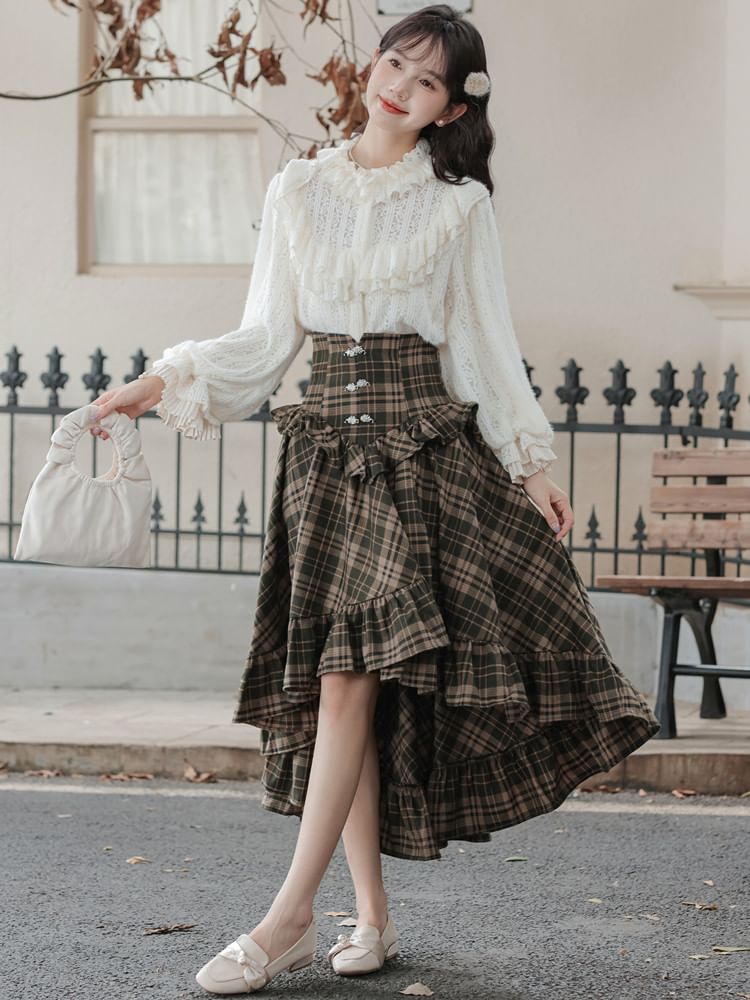 Frill Blouse with Plaid A-Line Skirt Set