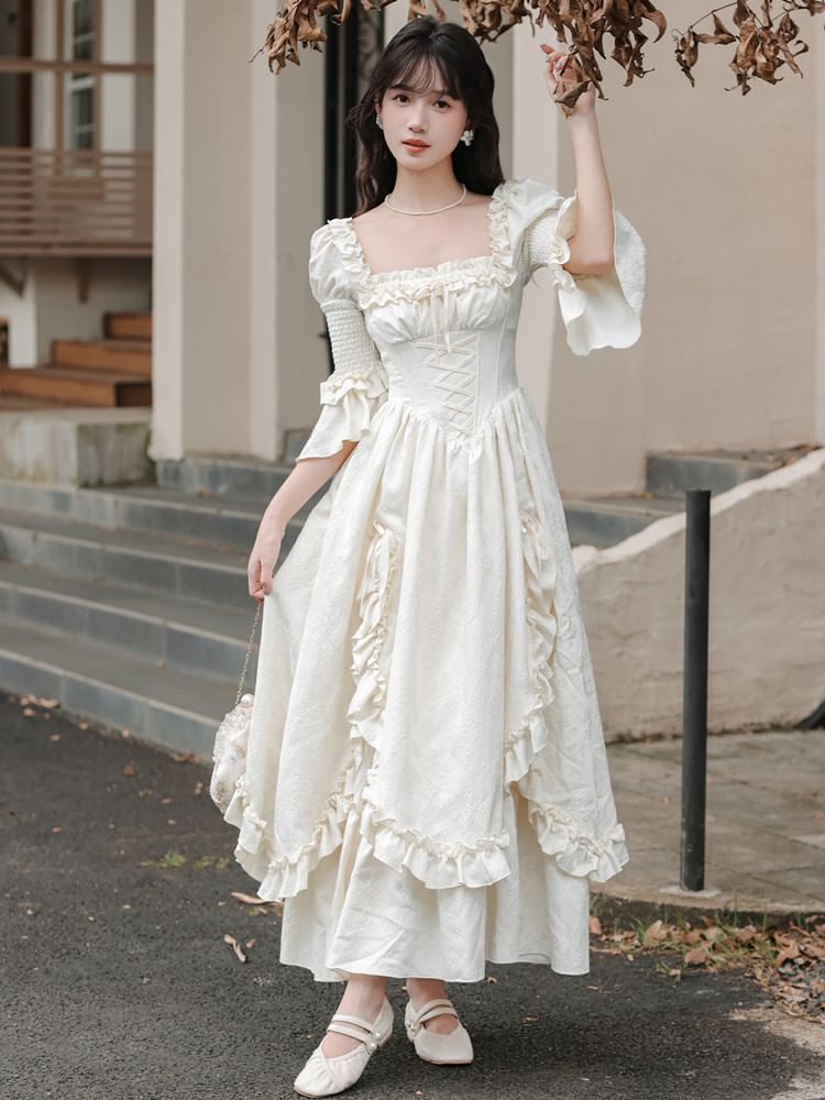 Flare-Sleeve Square Neck Frill Trim Maxi A-Line Dress / Corset / Set
