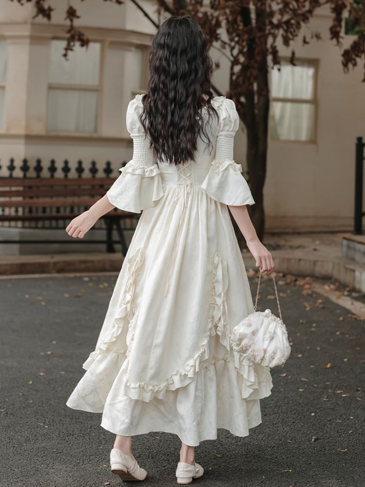 Flare-Sleeve Square Neck Frill Trim Maxi A-Line Dress / Corset / Set