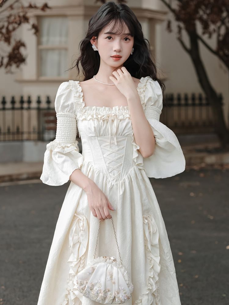 Flare-Sleeve Square Neck Frill Trim Maxi A-Line Dress / Corset / Set