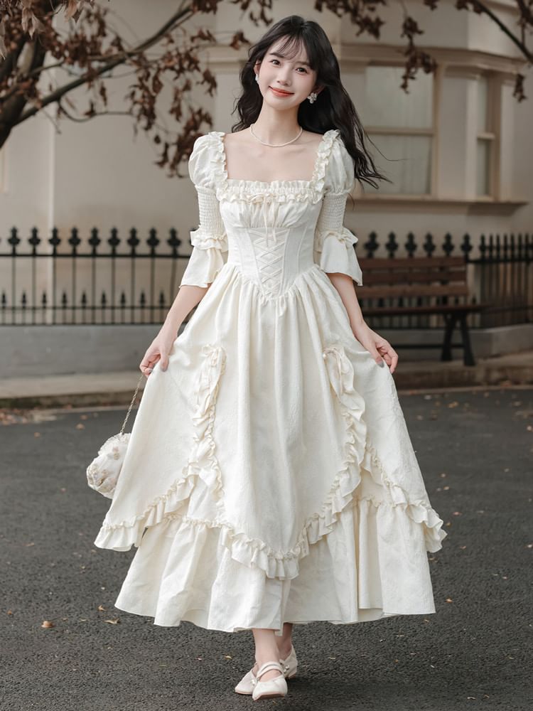 Flare-Sleeve Square Neck Frill Trim Maxi A-Line Dress / Corset / Set