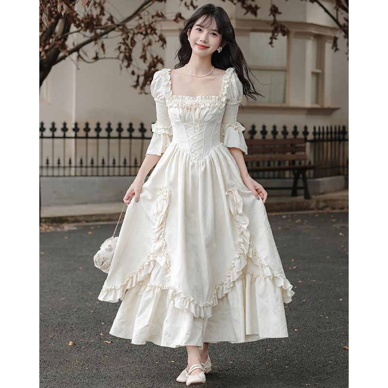 Flare-Sleeve Square Neck Frill Trim Maxi A-Line Dress / Corset / Set