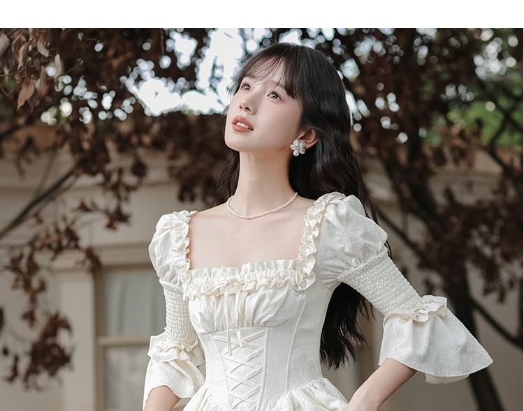 Flare-Sleeve Square Neck Frill Trim Maxi A-Line Dress / Corset / Set