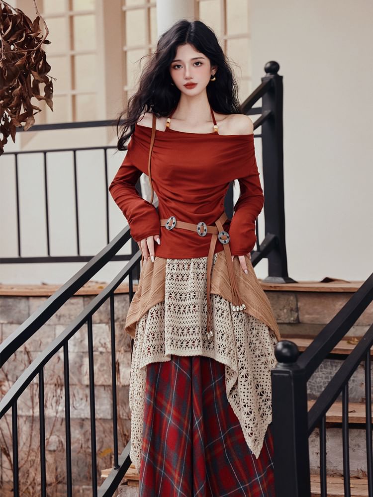 Halter Neck Top with Plaid Maxi Skirt and Belt Set