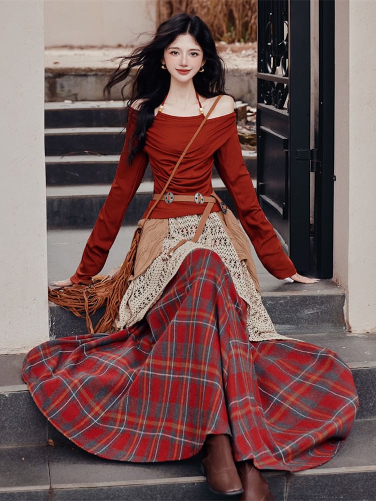 Halter Neck Top with Plaid Maxi Skirt and Belt Set