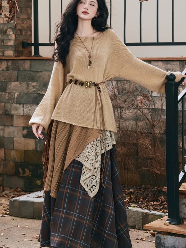 Halter Neck Top with Plaid Maxi Skirt and Belt Set