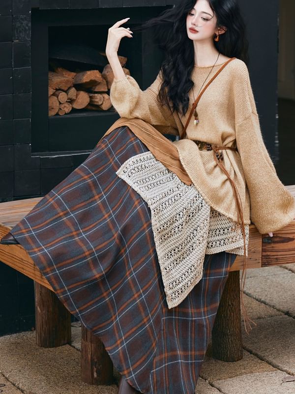Halter Neck Top with Plaid Maxi Skirt and Belt Set