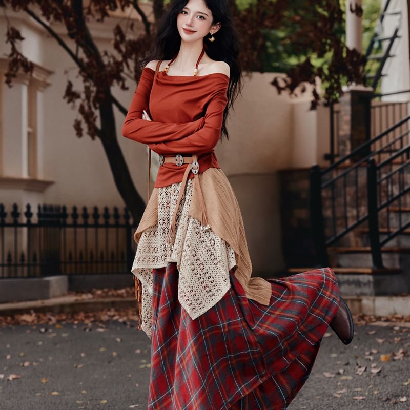 Halter Neck Top with Plaid Maxi Skirt and Belt Set