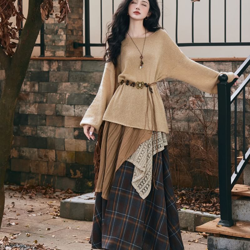 Halter Neck Top with Plaid Maxi Skirt and Belt Set