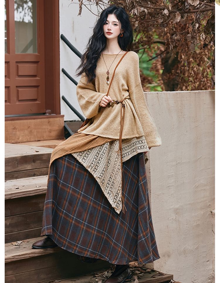 Halter Neck Top with Plaid Maxi Skirt and Belt Set