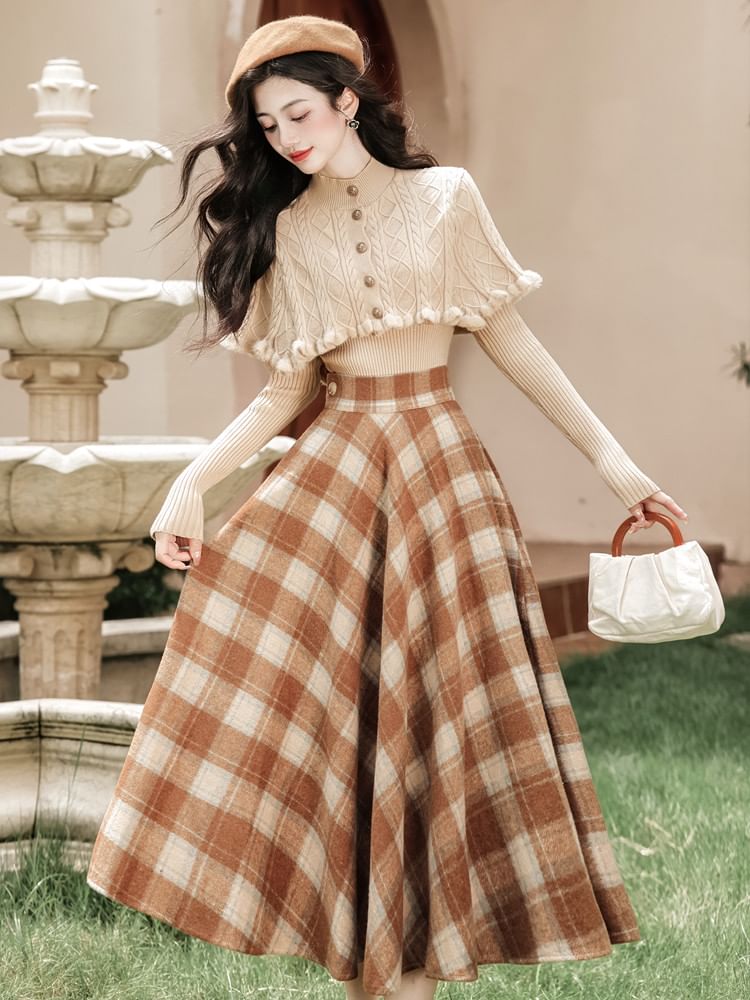 Mock Neck Knit Top with Plaid Maxi Skirt Set