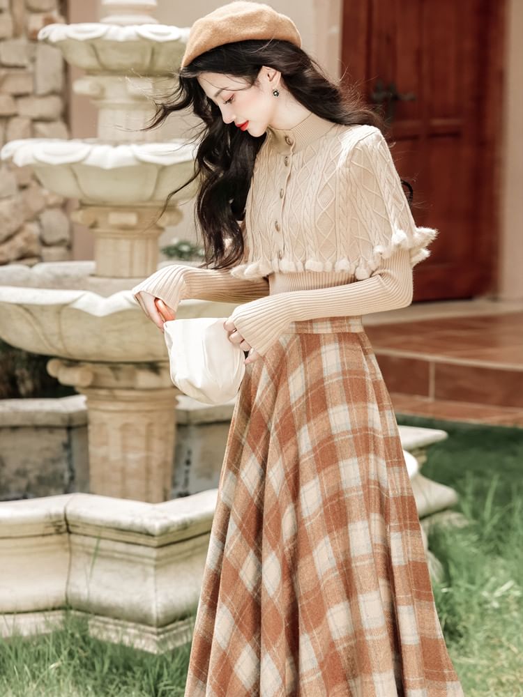 Mock Neck Knit Top with Plaid Maxi Skirt Set