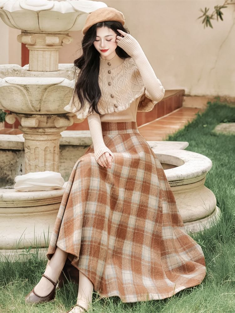 Mock Neck Knit Top with Plaid Maxi Skirt Set