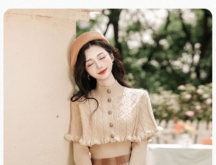 Mock Neck Knit Top with Plaid Maxi Skirt Set