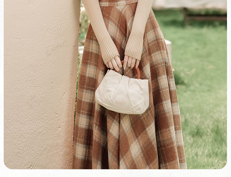 Mock Neck Knit Top with Plaid Maxi Skirt Set