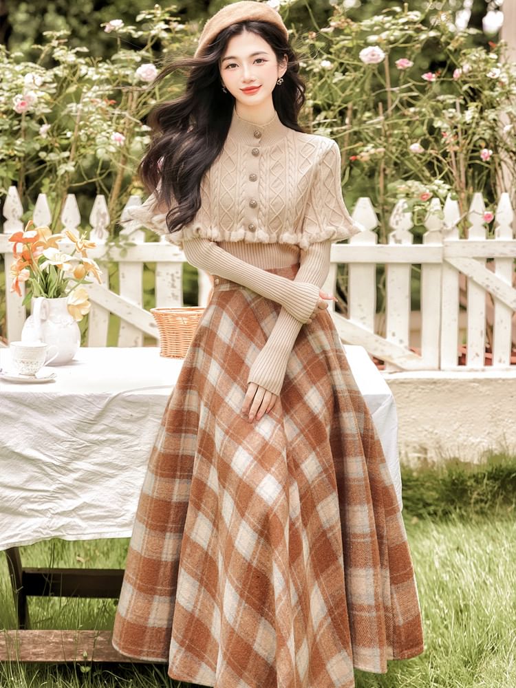 Mock Neck Knit Top with Plaid Maxi Skirt Set