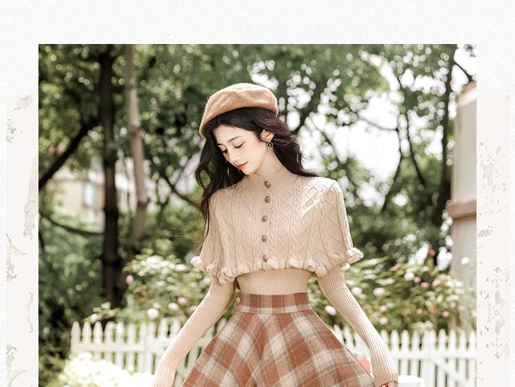 Mock Neck Knit Top with Plaid Maxi Skirt Set