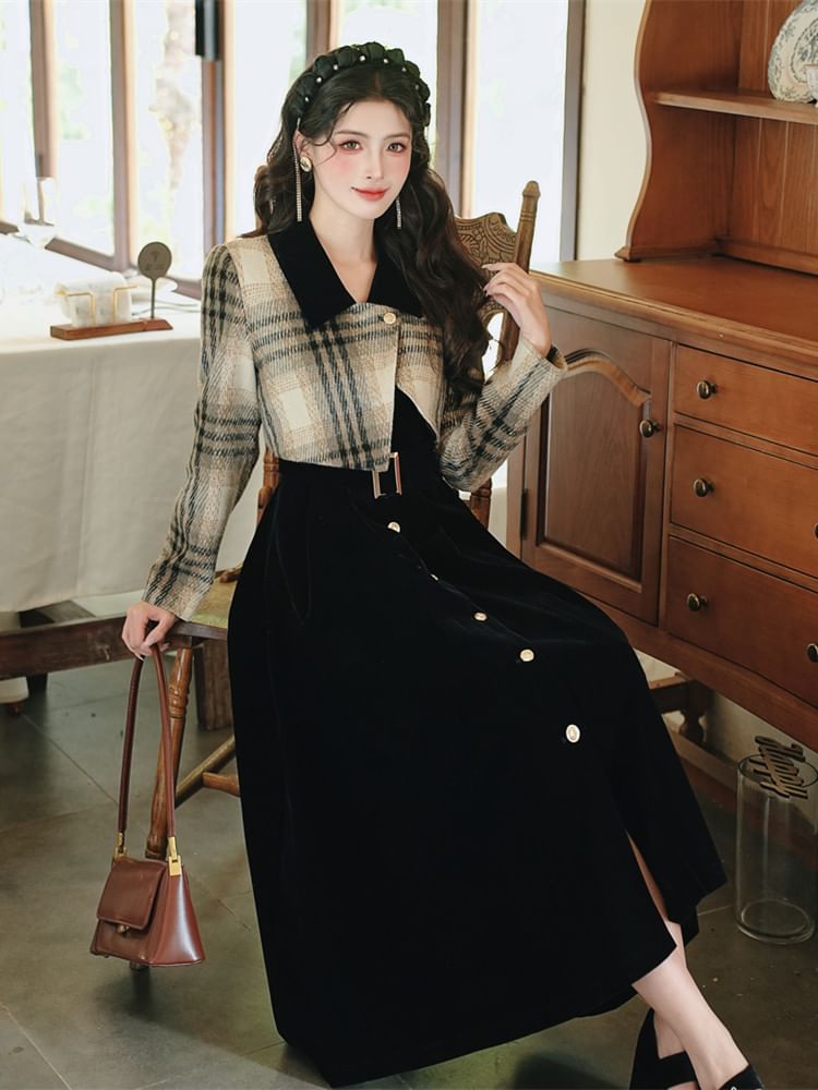 Mock Two-Piece Long-Sleeve Collared Plaid Maxi A-Line Dress