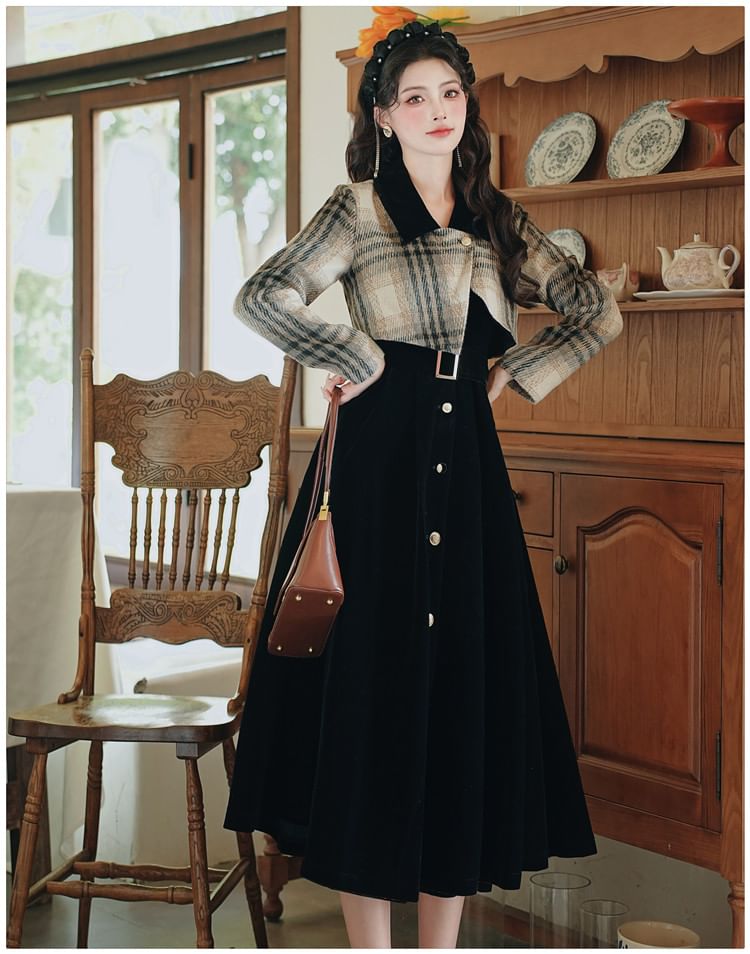 Mock Two-Piece Long-Sleeve Collared Plaid Maxi A-Line Dress
