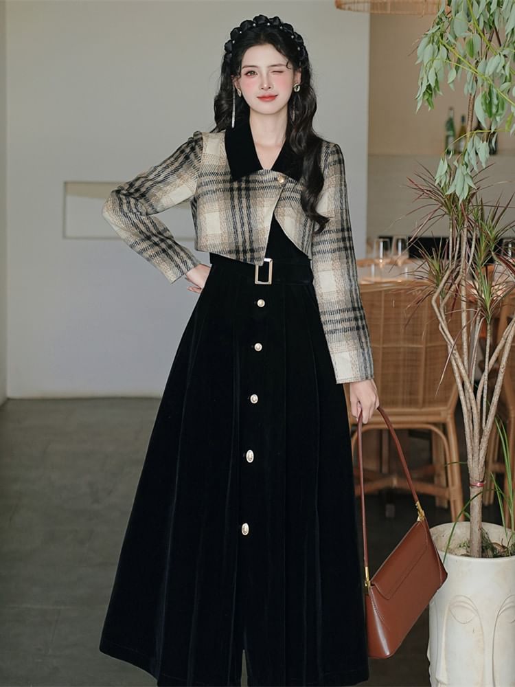 Mock Two-Piece Long-Sleeve Collared Plaid Maxi A-Line Dress