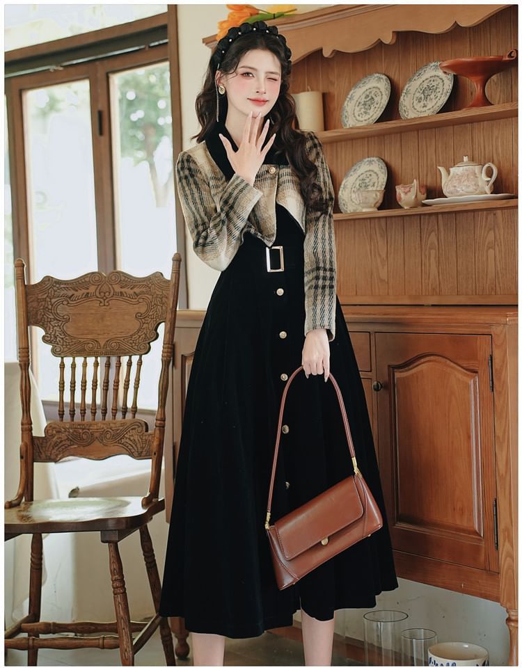 Mock Two-Piece Long-Sleeve Collared Plaid Maxi A-Line Dress