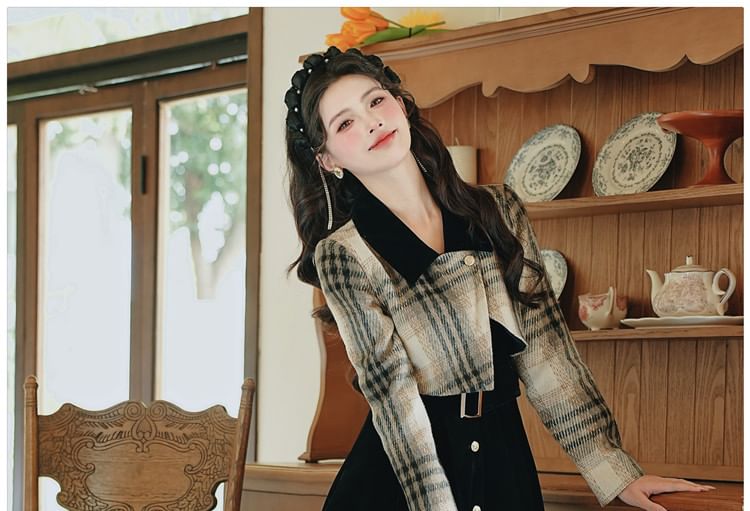 Mock Two-Piece Long-Sleeve Collared Plaid Maxi A-Line Dress