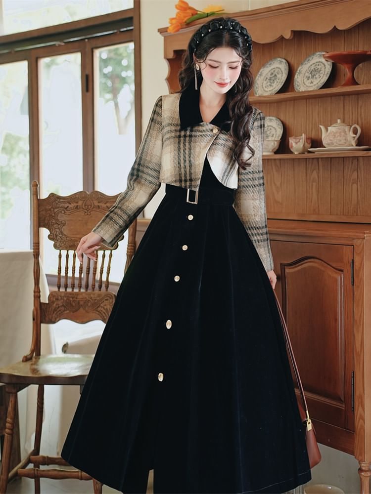 Mock Two-Piece Long-Sleeve Collared Plaid Maxi A-Line Dress