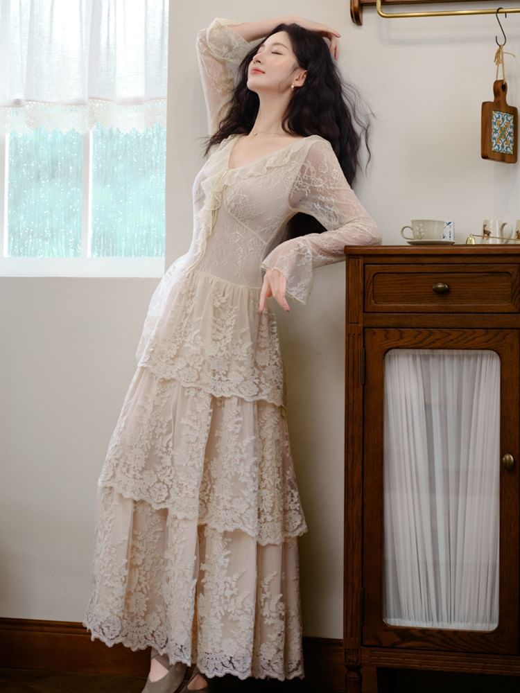 Long-Sleeve V-Neck Lace Maxi A-Line Tiered Dress