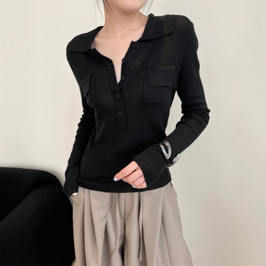 Collared Slim Fit Half Button Knit Top