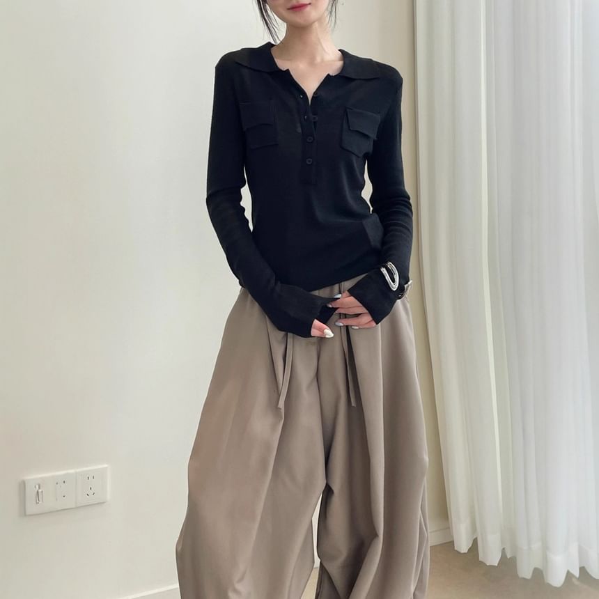 Collared Slim Fit Half Button Knit Top