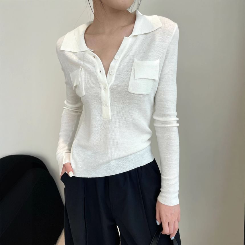 Collared Slim Fit Half Button Knit Top
