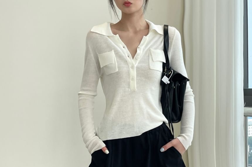 Collared Slim Fit Half Button Knit Top